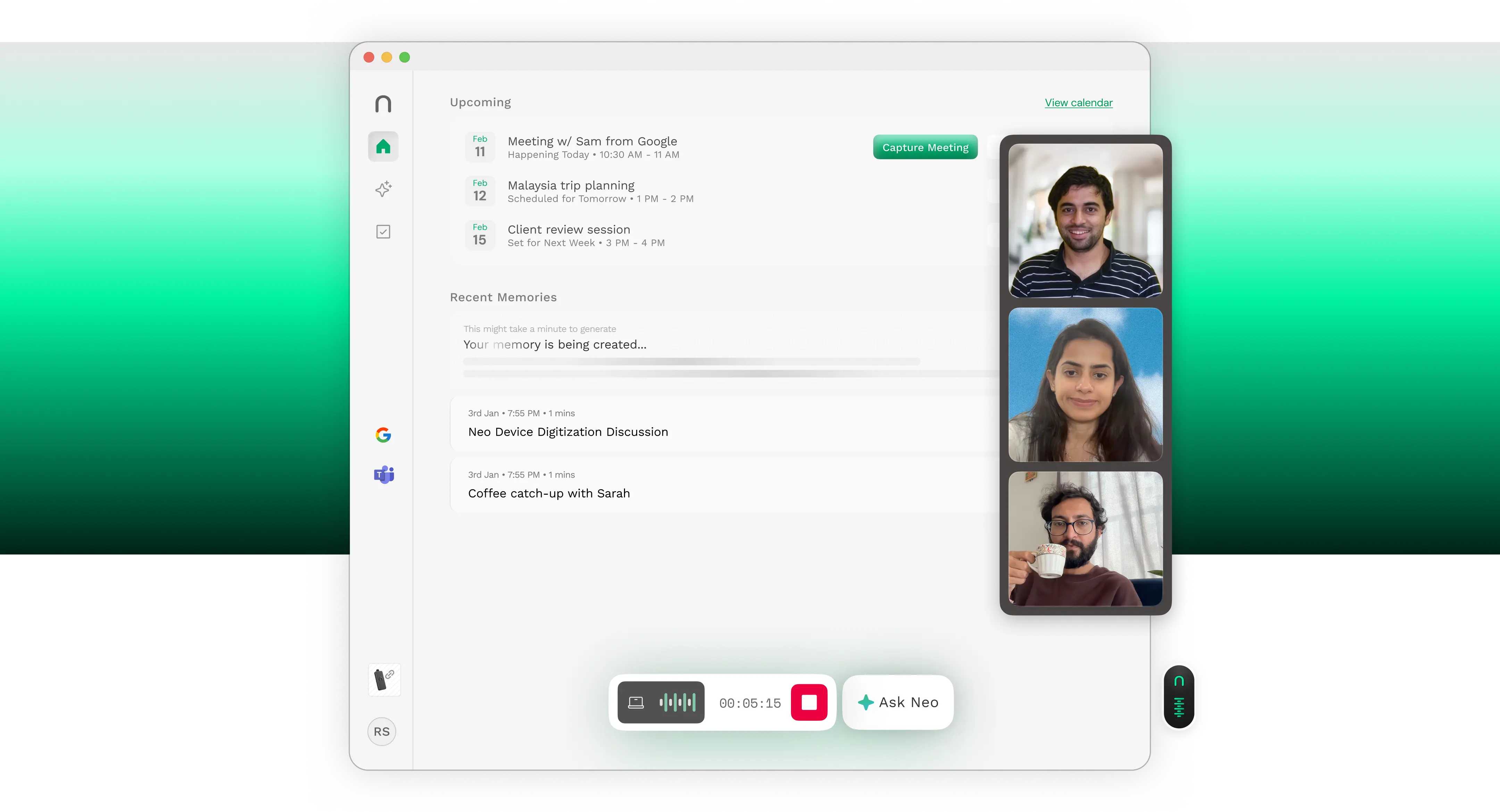 NeoSapien desktop app capturing a video call — no bot joins the meeting