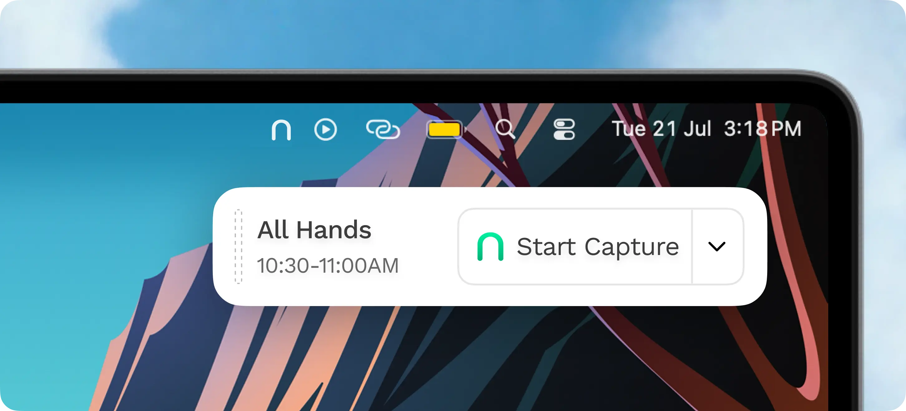 macOS menu bar with All Hands event and Start Capture button
