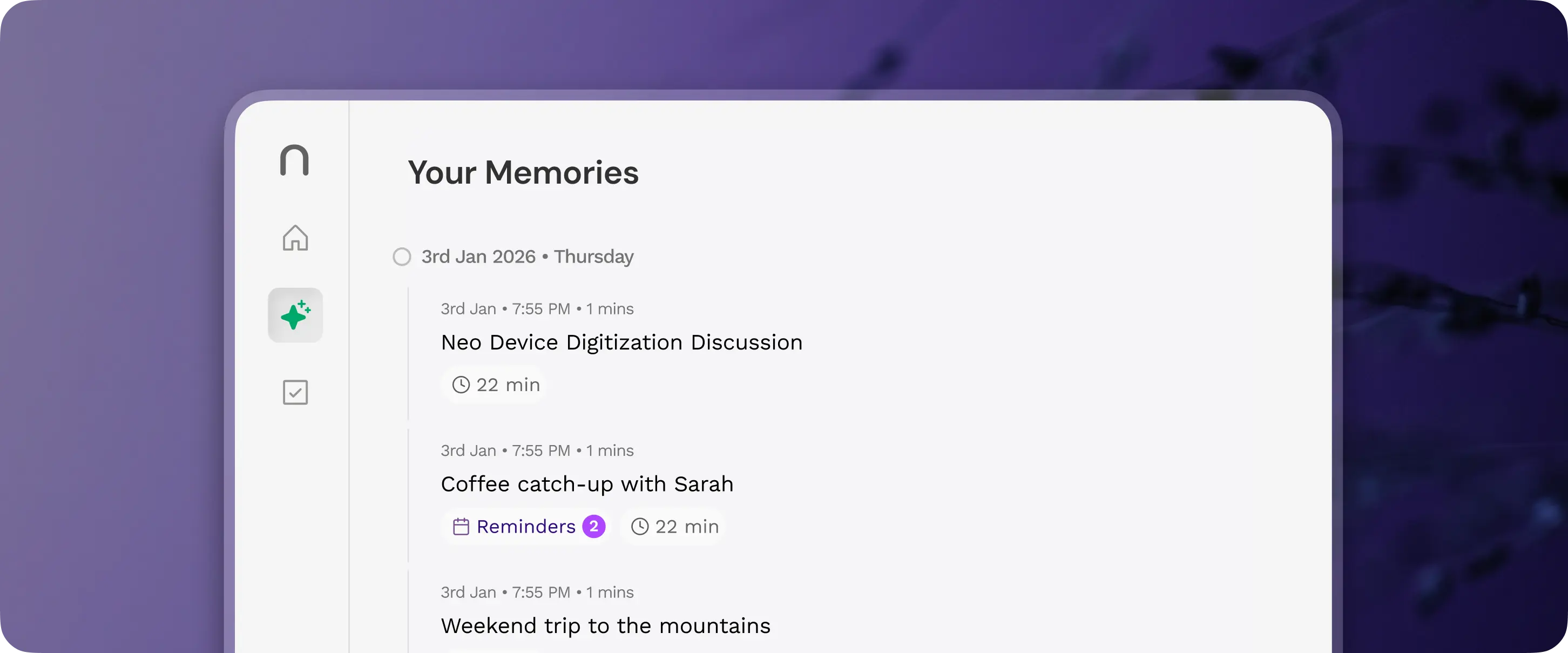 Your Memories timeline in the NeoSapien desktop app
