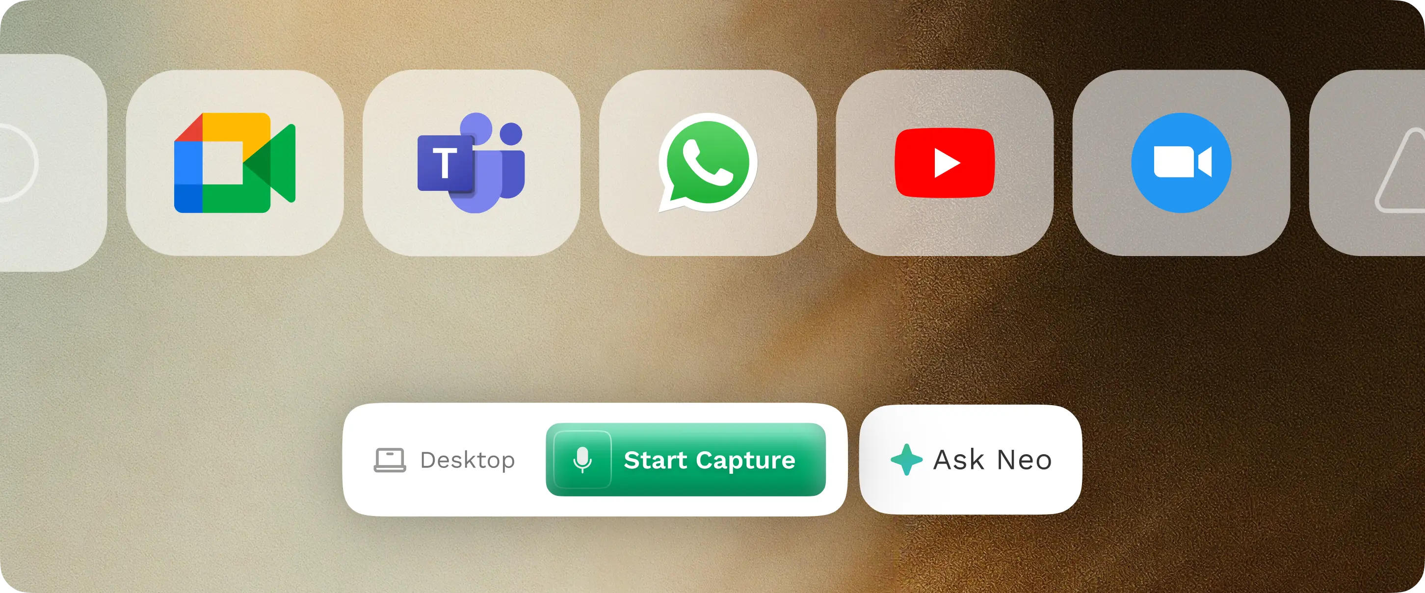 Meeting app icons — Meet, Teams, WhatsApp, YouTube, Zoom — above the Start Capture bar